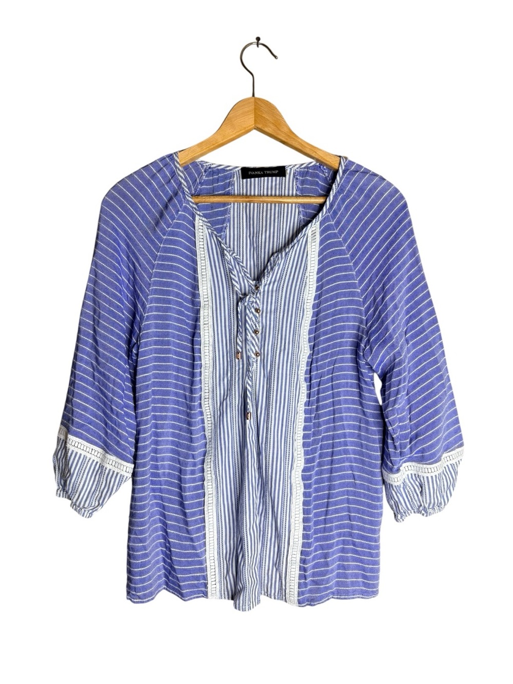 Ivanka Trump Blue White Striped Mixed Media Blouse 3/4 Sleeve medium